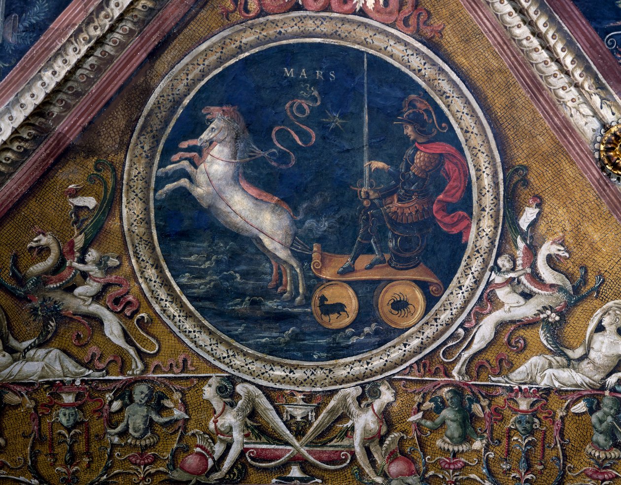 Marsin vaunut, allegoria, yksityiskohta freskosta Herra profeettojen ja sibylien kanssa tekijältä Pietro Perugino