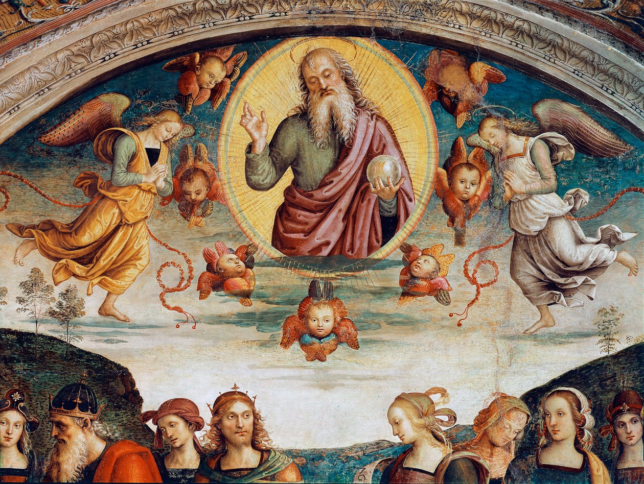 Herra ympäröi profetioita ja sibyylejä, jotka edustavat Kaikkivaltiaan Herraa. Pietro Vannuccin fresko dit il Perugino (Perugin) (1448-1523) 1500 Dim. 229x370 cm Perugia, Collegio del Cambio tekijältä Pietro Perugino
