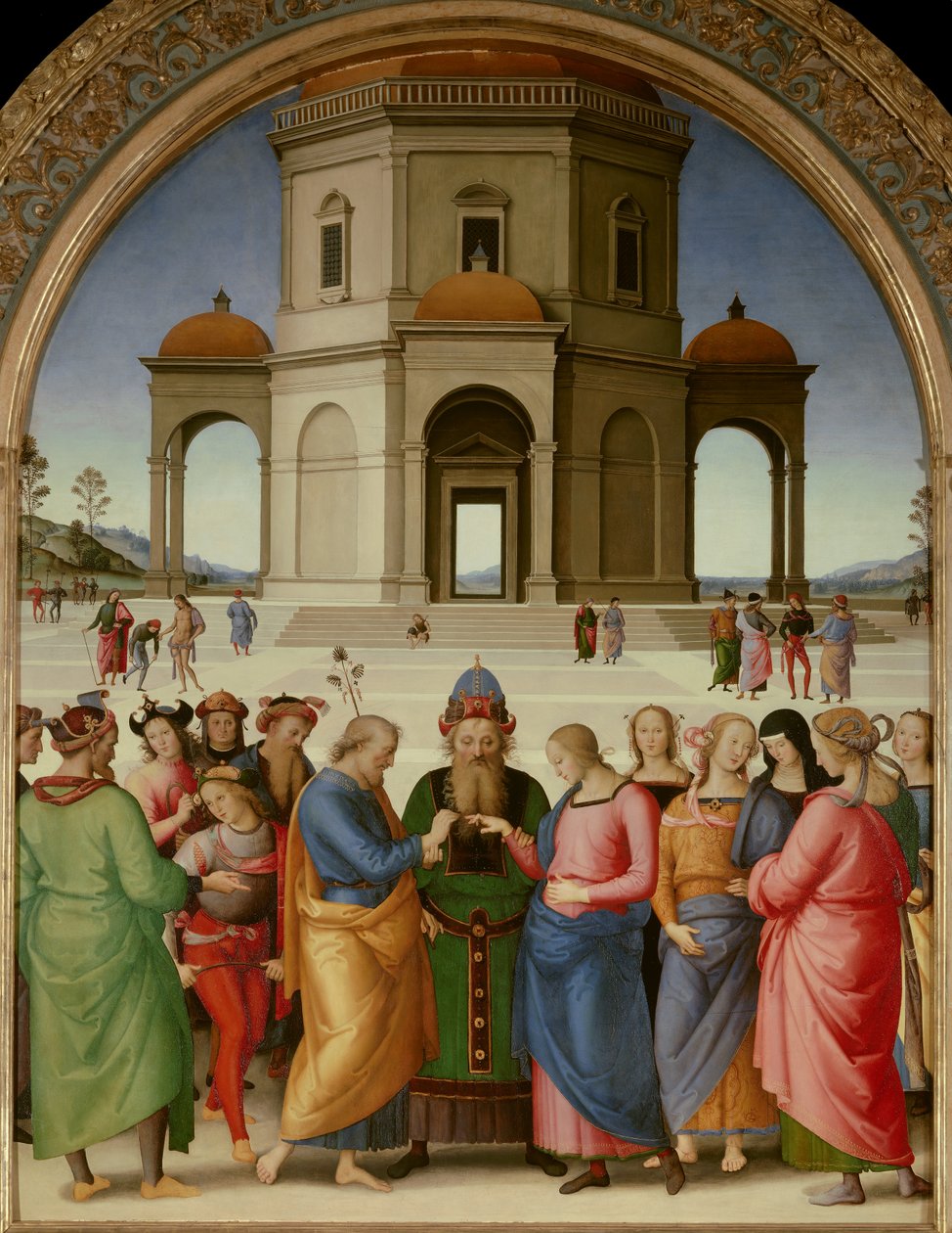 Pietro Vannucci dit Il Peruginon (Perugin) maalaus Neitsyen häät (1450-1523) 1504 su. 2,36x1,86 m - Caen, Kuvataidemuseo - Neitsyen häät - Pietro Vannuccin maalaus, nimeltään Il Perugino (1450-1523), öljy puulle (234 x 18) tekijältä Pietro Perugino