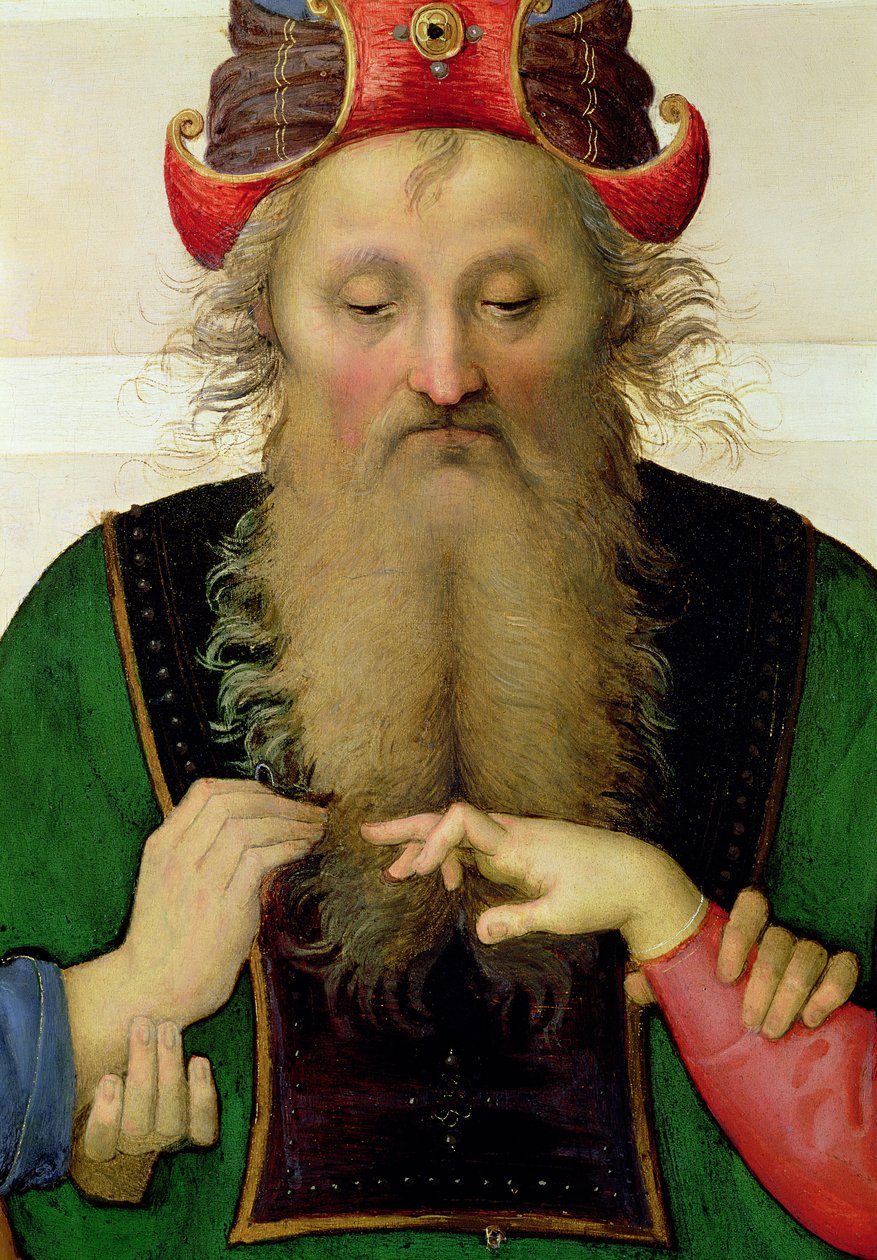 Neitsyt Marian avioliitto, yksityiskohta ylipapista, 1500-04 öljy kankaalle yksityiskohta 53750:stä. tekijältä Pietro Perugino