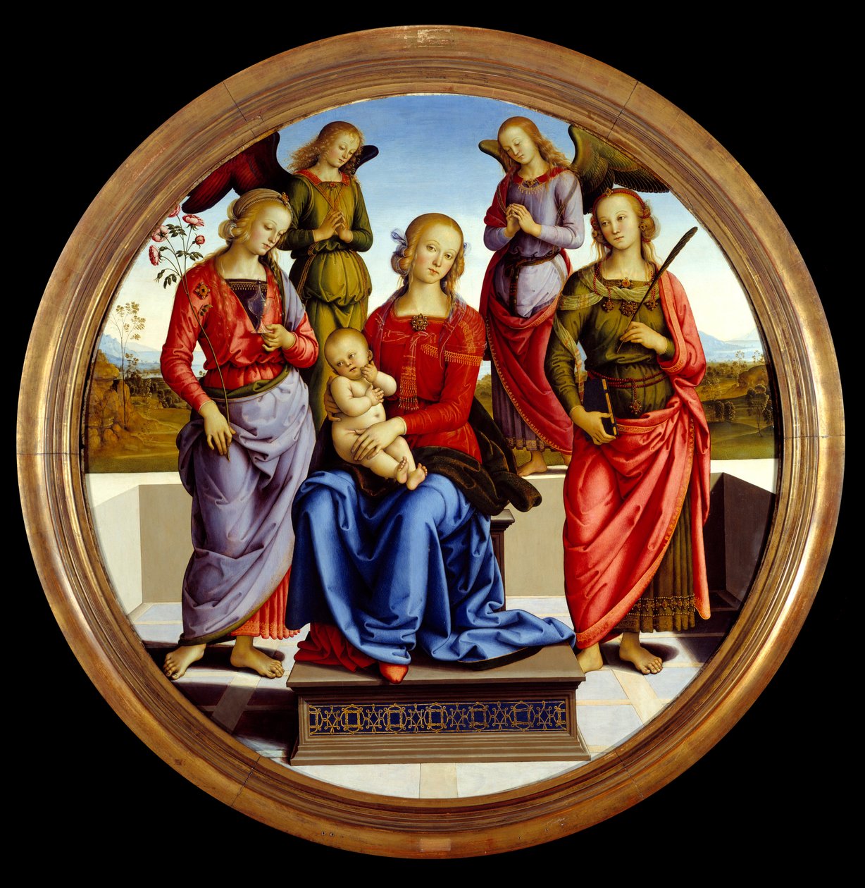 Neitsyt ja lapsi kahden enkelin, Pyhän Ruusun ja Pyhän Katariinan, ympäröimänä. Pietro Vannucci dit il Peruginon maalaus (Perugin tekijältä Pietro Perugino