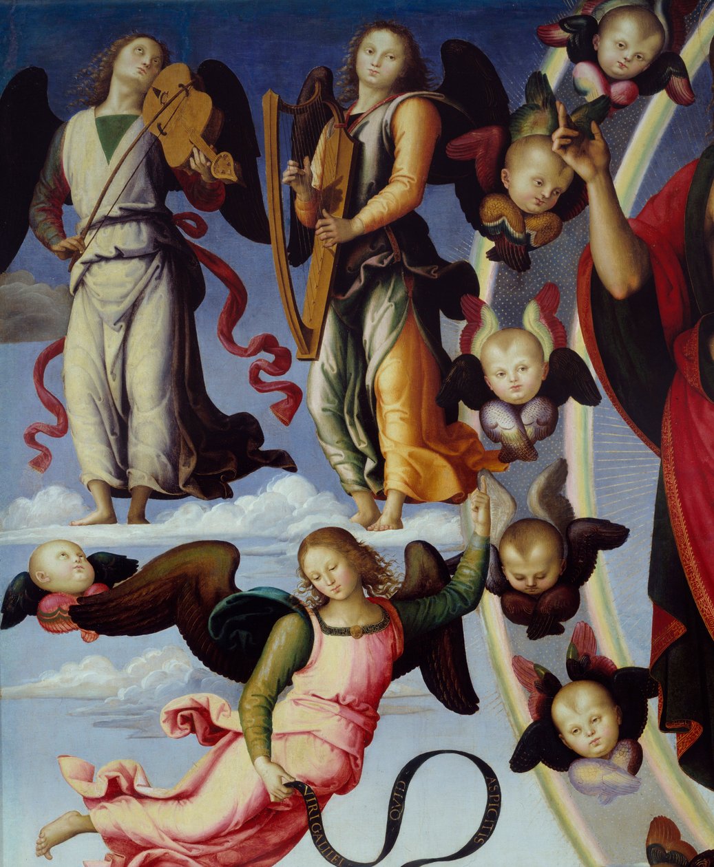 Kristuksen taivaaseenastuminen Yksityiskohta oikeasta, joka kuvaa musiikkienkeleitä. Pietro Vannuccin maalaus dit Il Perugino (Perugin) (1450-1523) 1496 Lyon, Kuvataidemuseo tekijältä Pietro Perugino