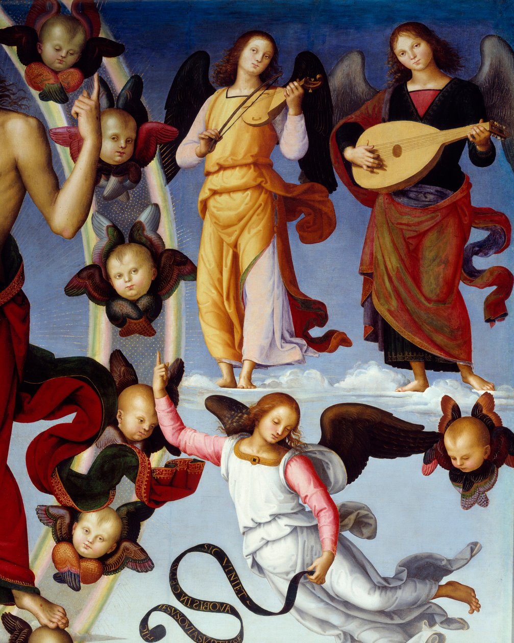 Kristuksen taivaaseenastuminen Musiikkienkeleitä edustava yksityiskohta. Pietro Vannuccin maalaus dit Il Perugino (Perugin) (1450-1523) 1496 Lyon, Kuvataidemuseo tekijältä Pietro Perugino