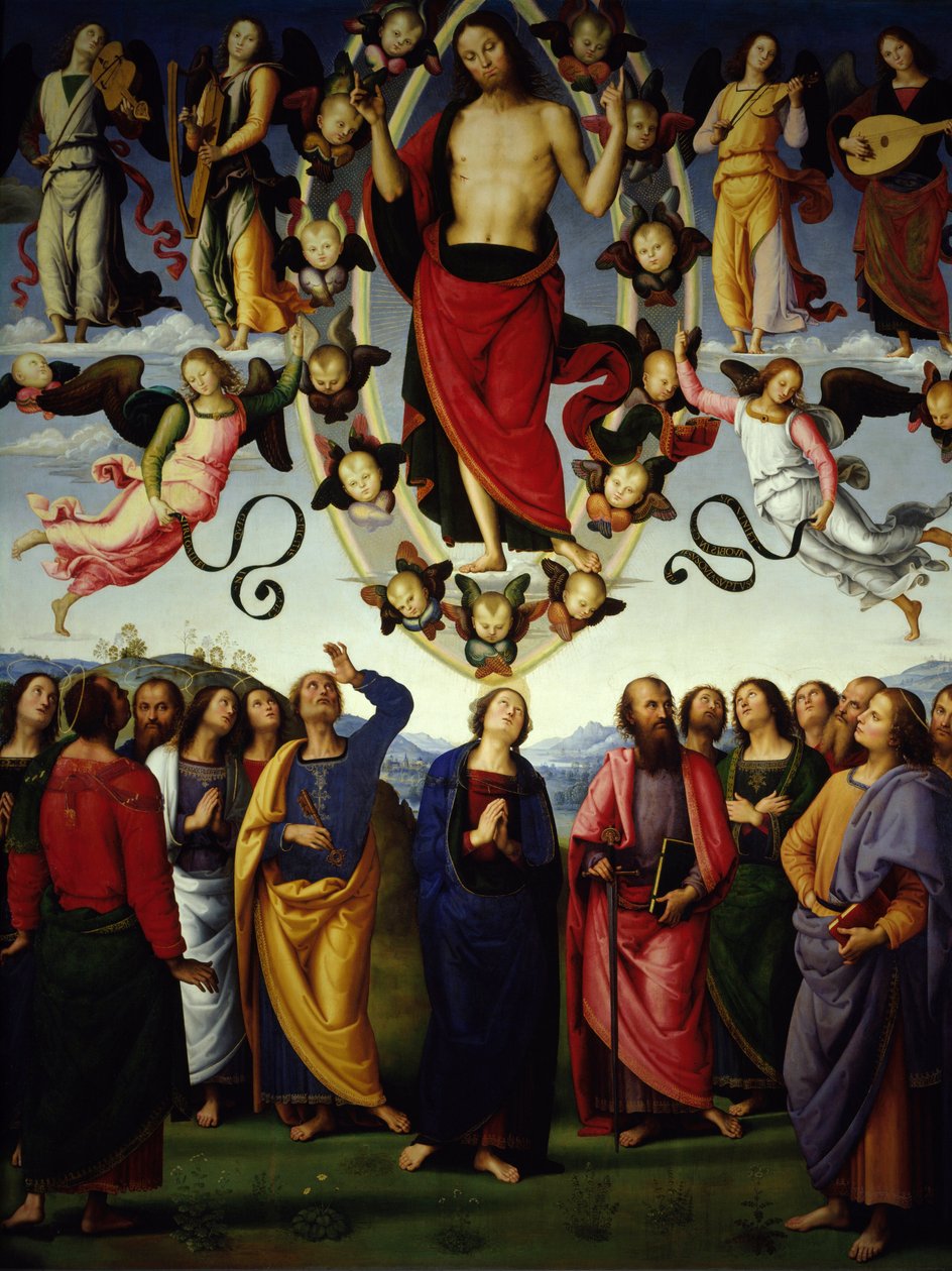 Kristuksen Jeesuksen Kristuksen ylösnousemus on esitetty mandorlassa. Yksityiskohta. Pietro Vannuccin maalaus Il Peruginosta tekijältä Pietro Perugino
