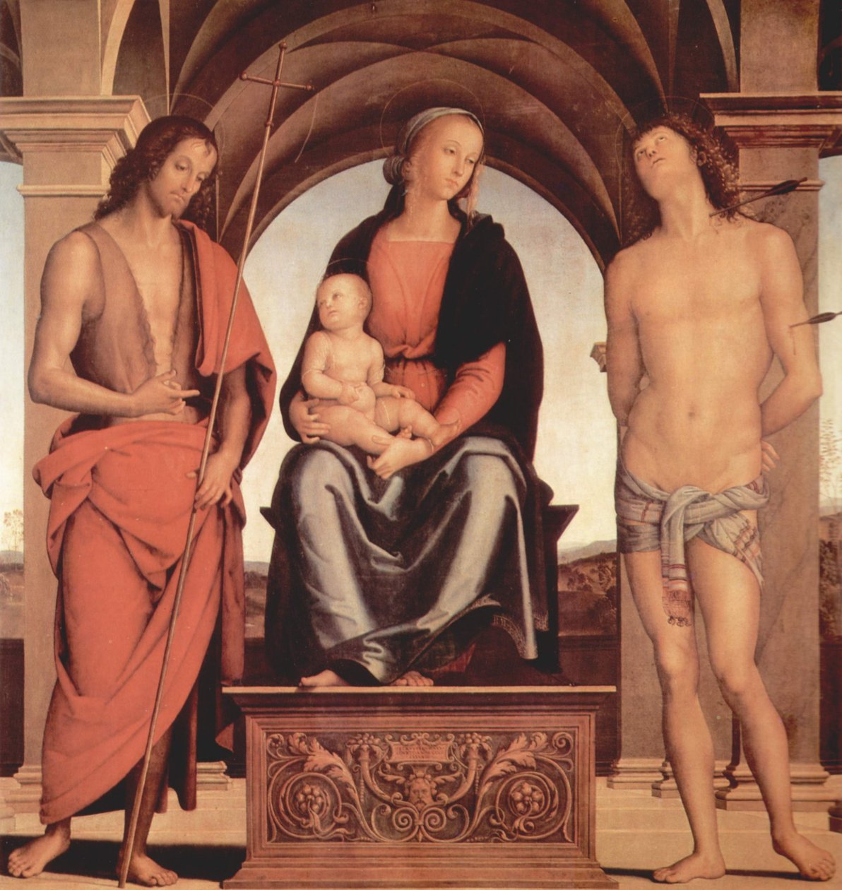 Madonna nousi valtaistuimelle Pyhän Johannes Kastajan ja Pyhän Sebastianin kanssa tekijältä Pietro Perugino