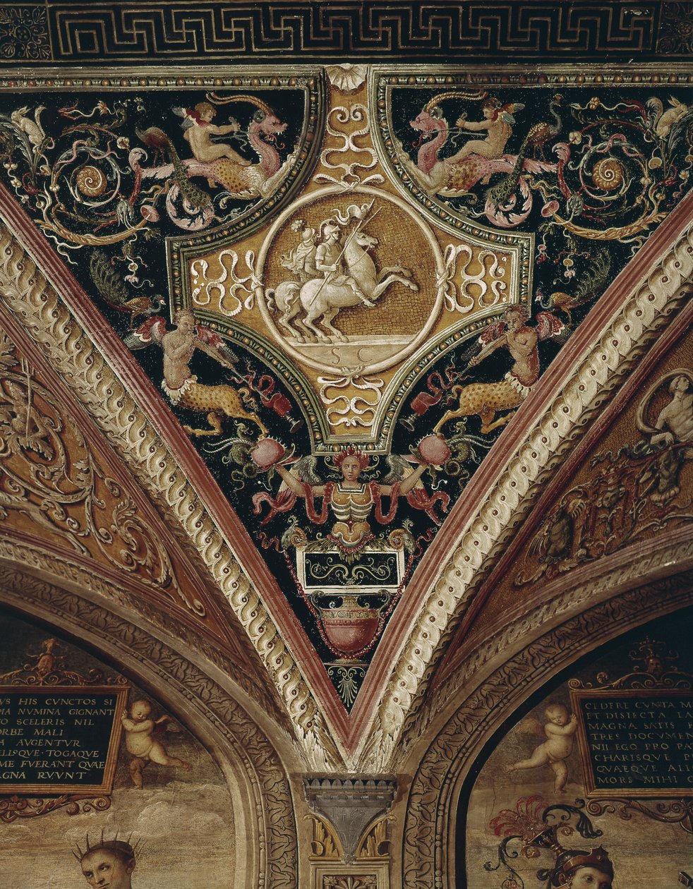 Warriors On Horseback kattokoriste. Peruginon maalaus (Pietro Vannucci nimeltä il tekijältä Pietro Perugino