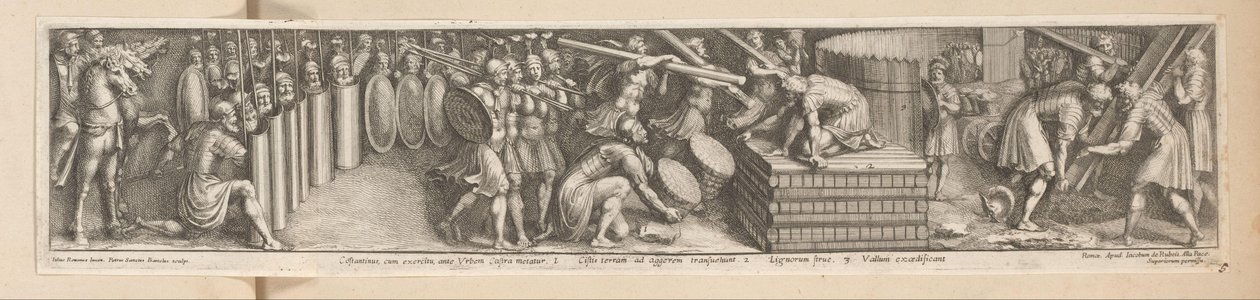 Sotilaat perustivat leirin Constantinus, cum exercitu, ante Urbem Castra metatur (otsikko esineessä) Keisari Konstantinuksen historia (sarjan nimi) tekijältä Pietro Sante Bartoli