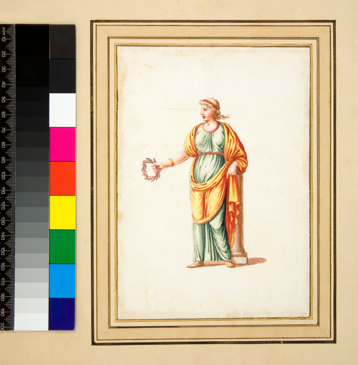 Naishahmo käännettynä katsojan vasemmalle puolelle (musta liitu, osa kynällä ja ruskealla musteella. värjätty vesivärillä) tekijältä Pietro Santi Bartoli