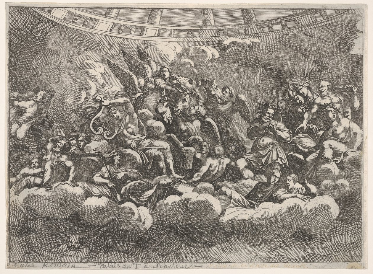Erilaisten olympialaisten jumalien ja mytologisten hahmojen kokoontuminen pilvien sekaan, Apollo at ce..., n. 1680. tekijältä Pietro Santi Bartoli