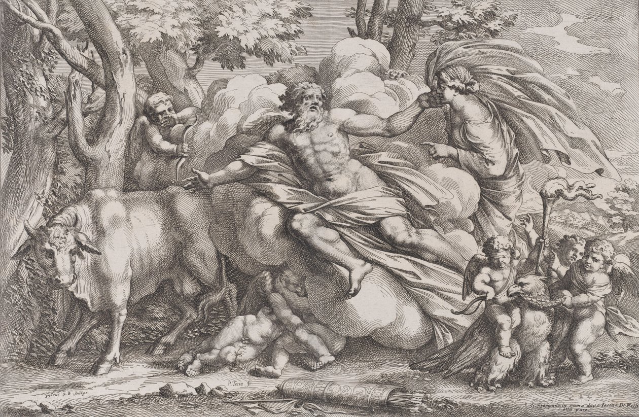 Io vasemmalla lehmänä, Jupiter pilven päällä keskellä ja Juno oikealla pu..., 1650-90. tekijältä Pietro Santi Bartoli