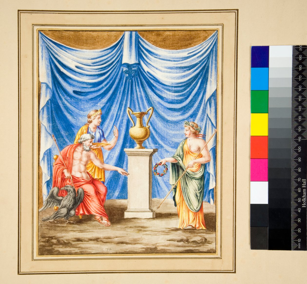 Jupiter istuu vasemmalla kotkan ja naishahmon kanssa (musta liitu, joissakin kynällä ja ruskealla musteella. värjätty vesivärillä) tekijältä Pietro Santi Bartoli