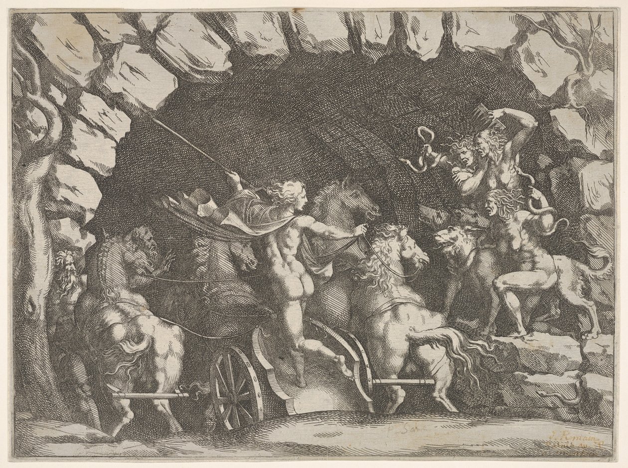 Pluto, takaa katsottuna, astumassa alamaailmaan vaunuillaan, Cerberus ja kolme Fu..., n. 1680. tekijältä Pietro Santi Bartoli