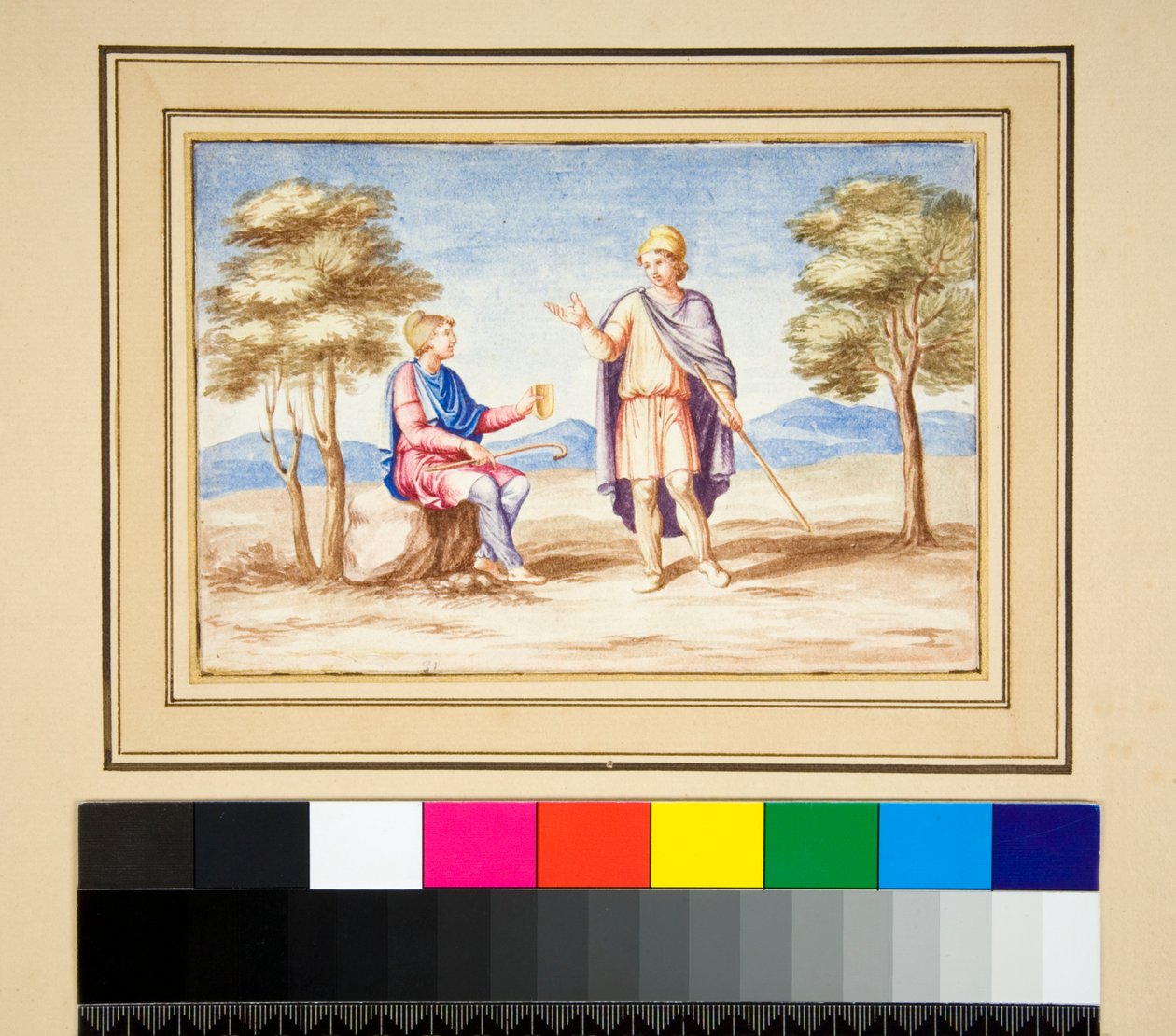 Kaksi miestä Phrygain Capsissa (musta liitu, osa kynällä ja ruskealla musteella. värjätty vesiväreillä) tekijältä Pietro Santi Bartoli