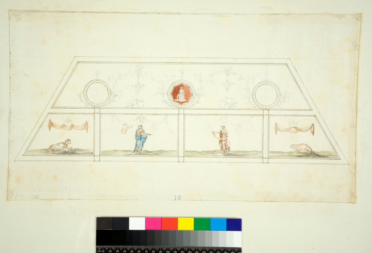 Villa Madaman holvi (musta liitu, osa kynällä ja ruskealla musteella. värjätty vesiväreillä) tekijältä Pietro Santi Bartoli