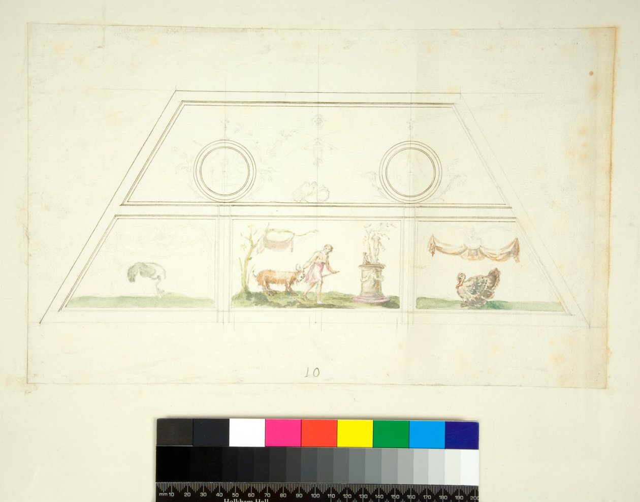 Villa Madaman holvi (musta liitu, osa kynällä ja ruskealla musteella. värjätty vesiväreillä) tekijältä Pietro Santi Bartoli