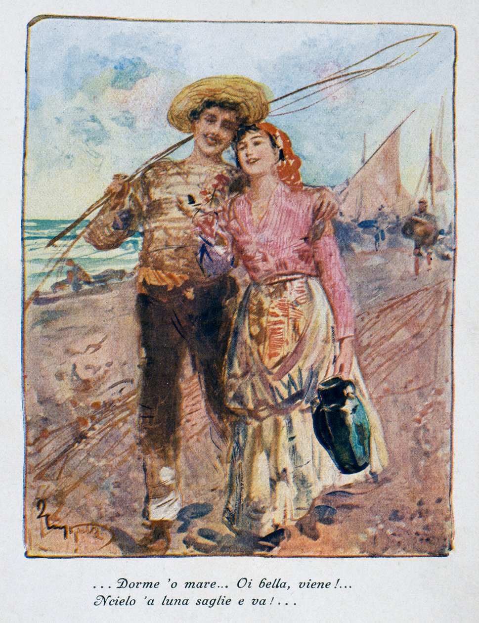 Takaisin kalastuksesta, kuvitus Pietro Scoppetta (1863-1920), Italia, 1900-luku tekijältä Pietro Scoppetta