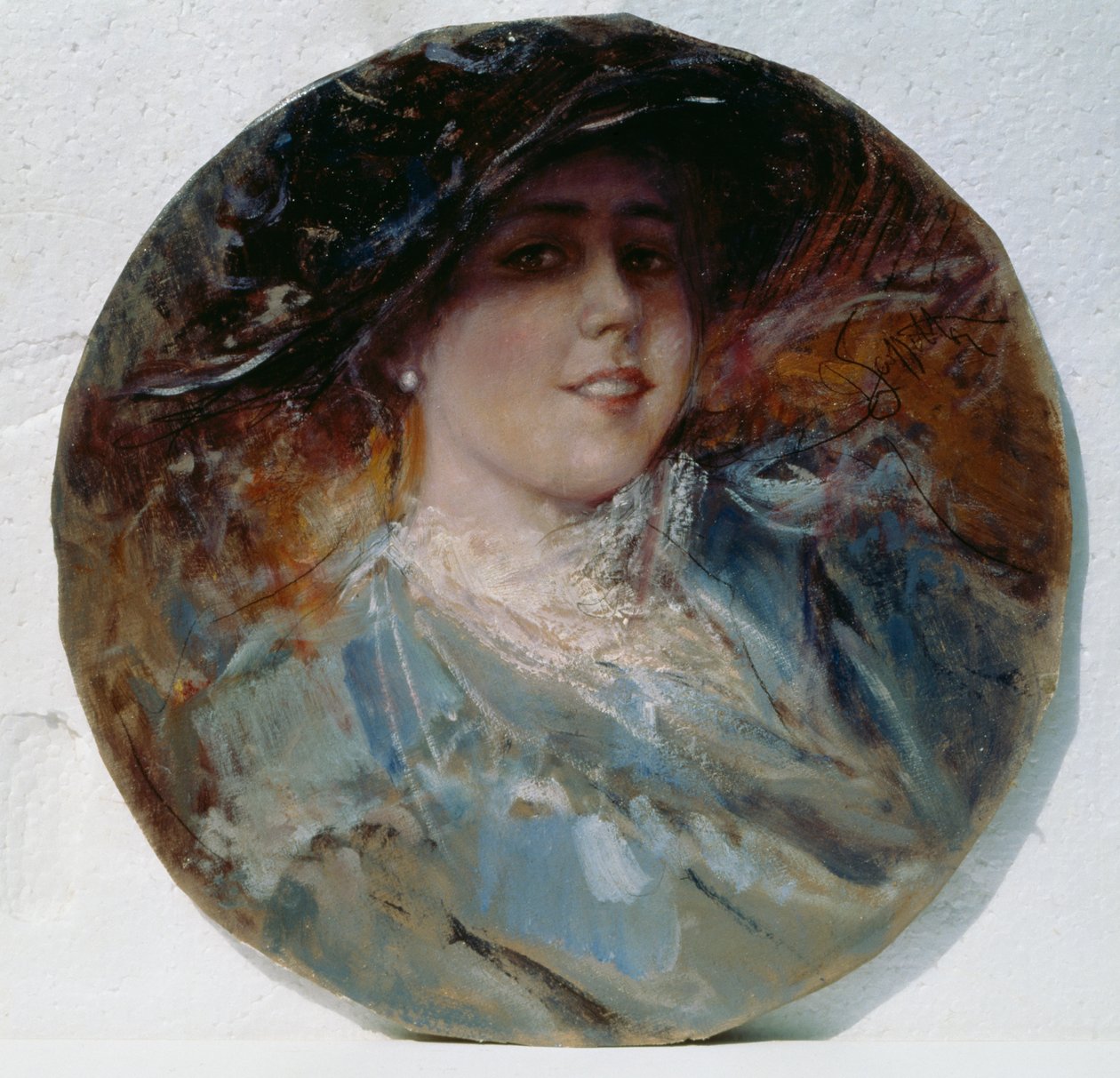 Säteilevä hymy, Pietro Scoppetta (1863-1920), öljy kankaalle levitetty pahville, 37,5 cm tekijältä Pietro Scoppetta