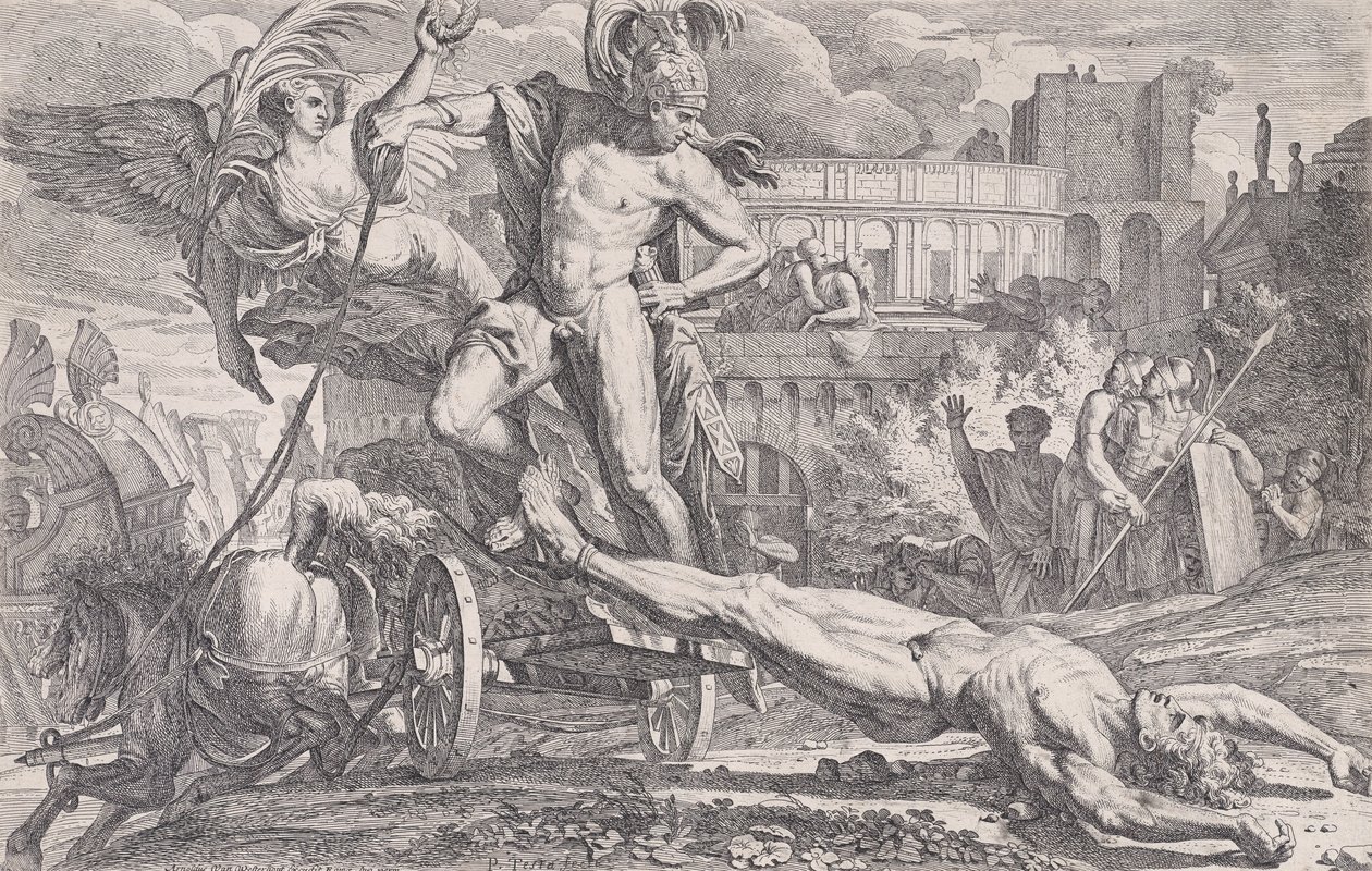 Akhilleus raahaa Hektorin ruumista Troijan muurien ympäri, 1648-50. tekijältä Pietro Testa