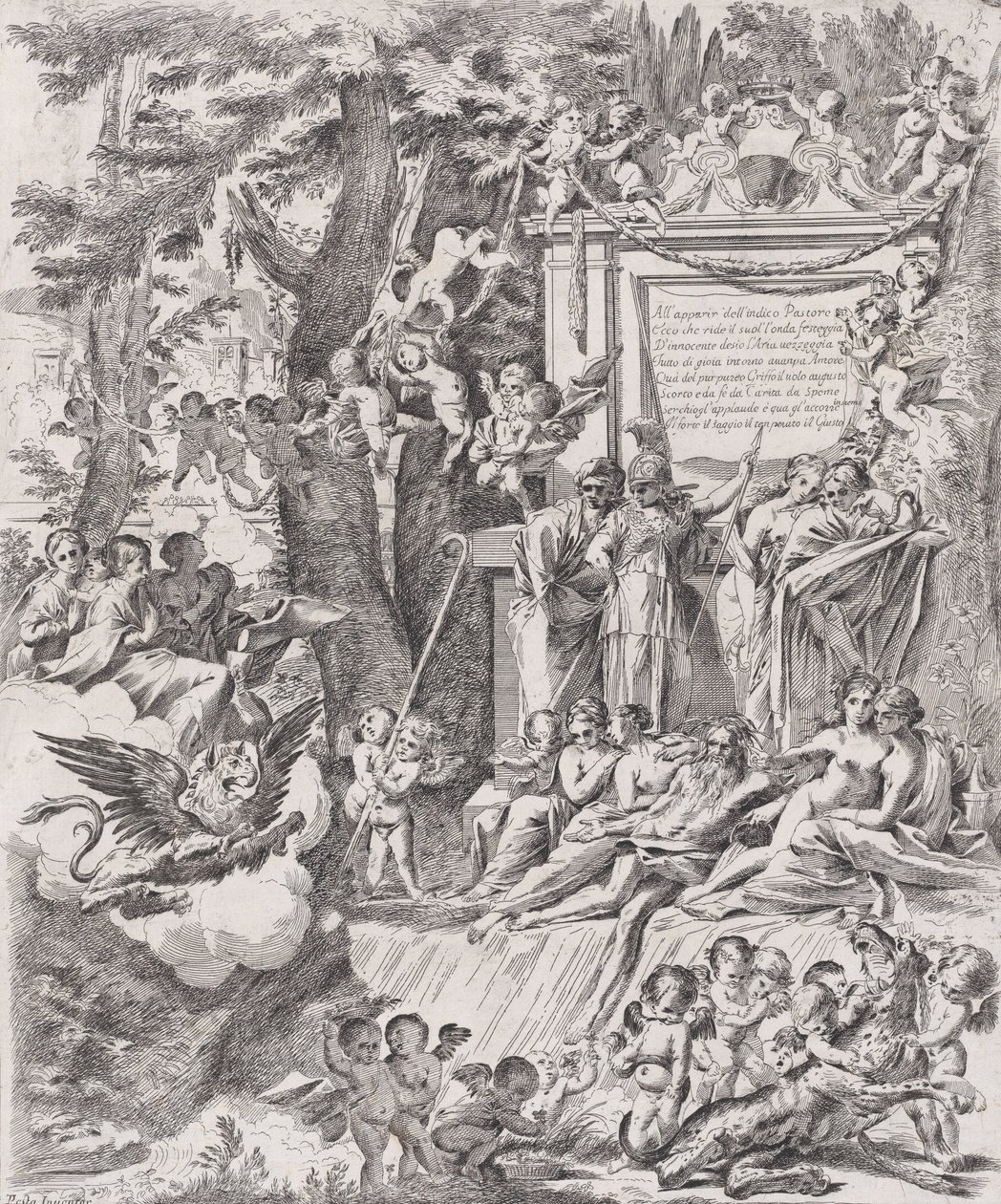 Allegoria kardinaali Franciottin saapumisen Luccan piispaksi 1680-1700 kunniaksi. tekijältä Pietro Testa