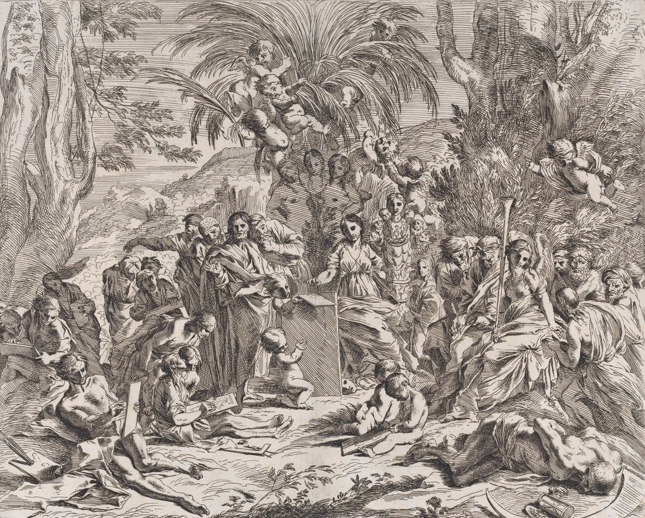 Allegoria maalauksesta, joka lapsena keskellä vasemmalla piirtää taululle, surrounde..., 1637-38. tekijältä Pietro Testa