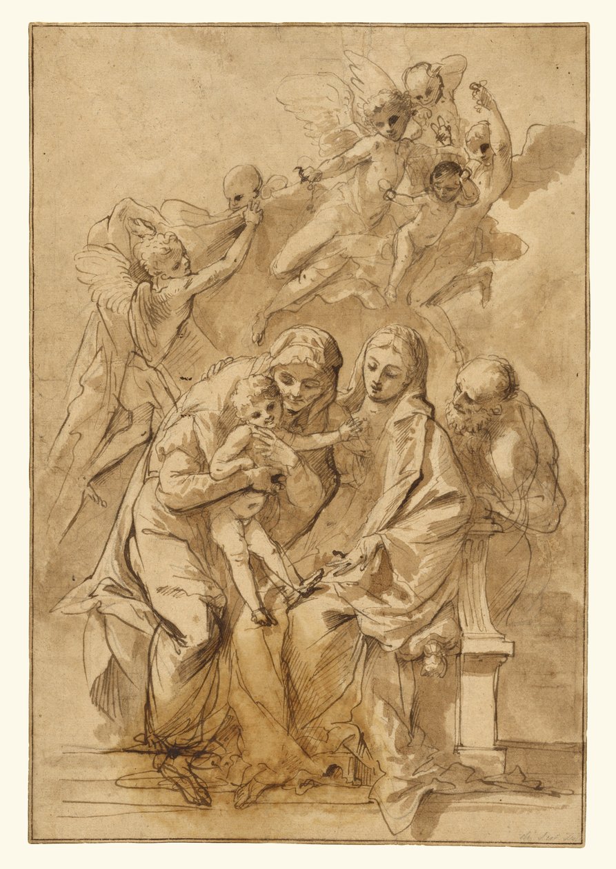 Heilige Familie mit der heiligen Anna (recto); Figurenskizzen (verso) tekijältä Pietro Testa