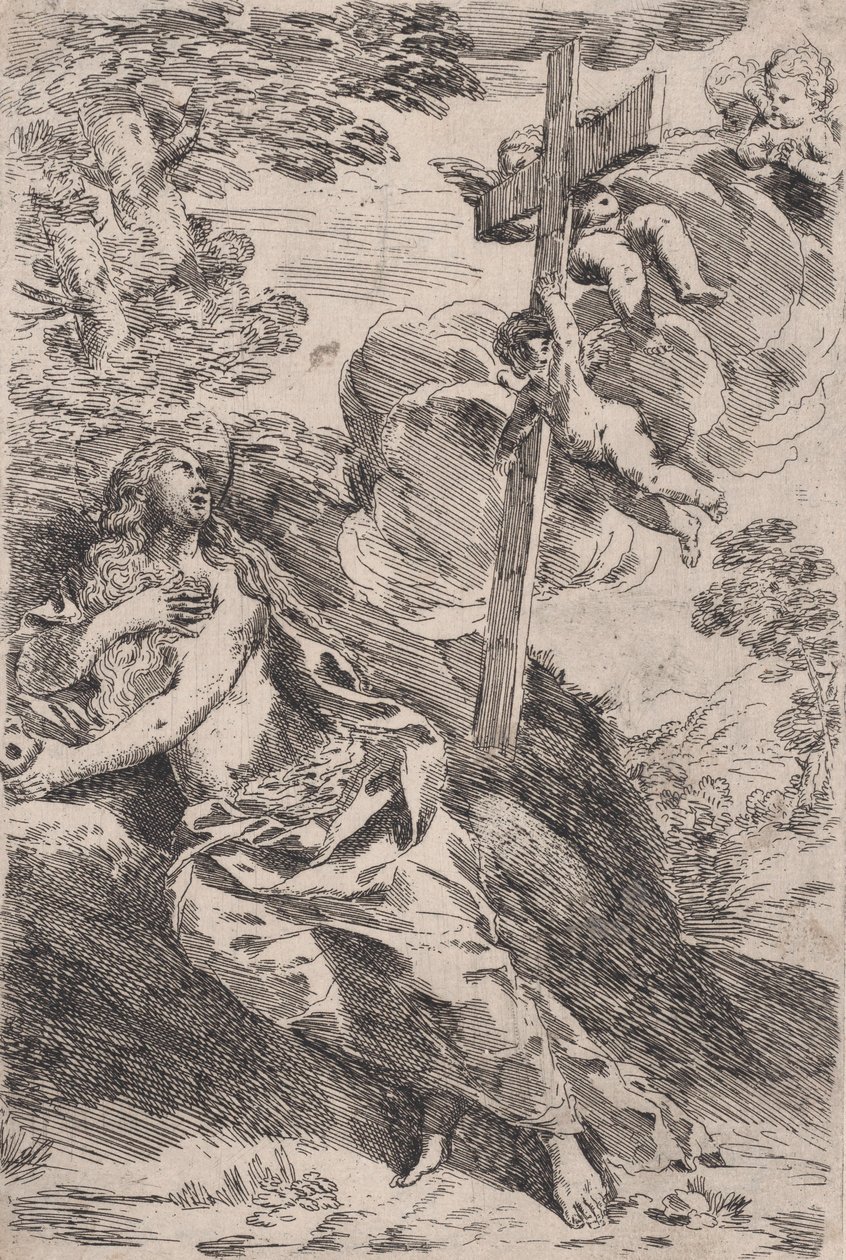 Maria Magdaleena erämaassa, oikealla enkelien kantama risti, n. 1630. tekijältä Pietro Testa