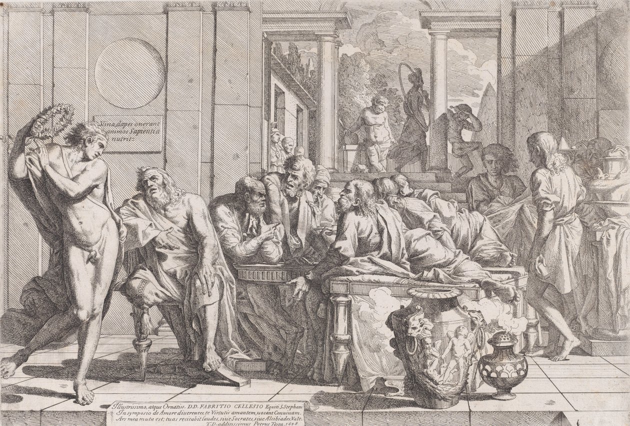 Platonin symposium: Sokrates ja hänen toverinsa pöydän ympärillä keskustelemassa ihanteellisesta rakkaudesta..., 1648. tekijältä Pietro Testa
