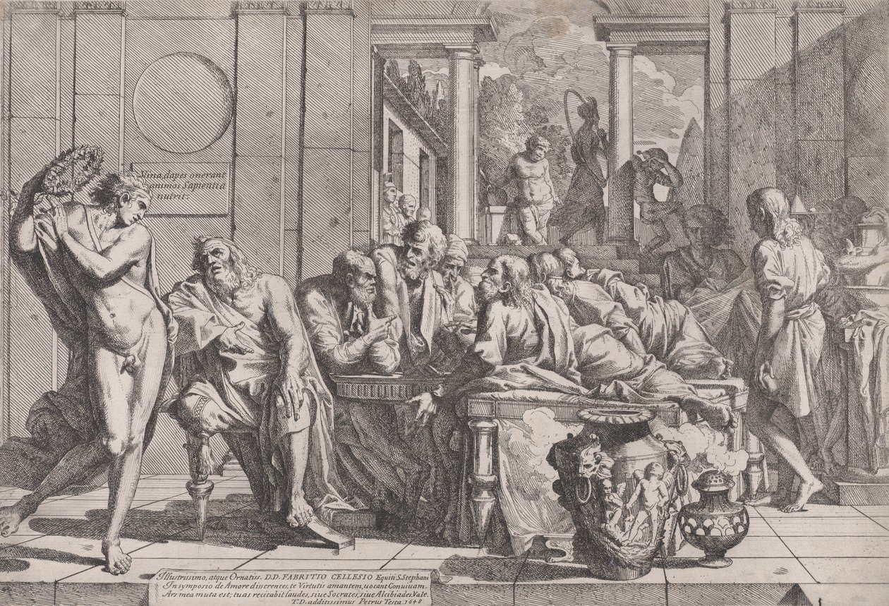 Platonin symposium: Sokrates ja hänen toverinsa pöydän ympärillä keskustelemassa ihanteellisesta rakkaudesta..., 1648. tekijältä Pietro Testa