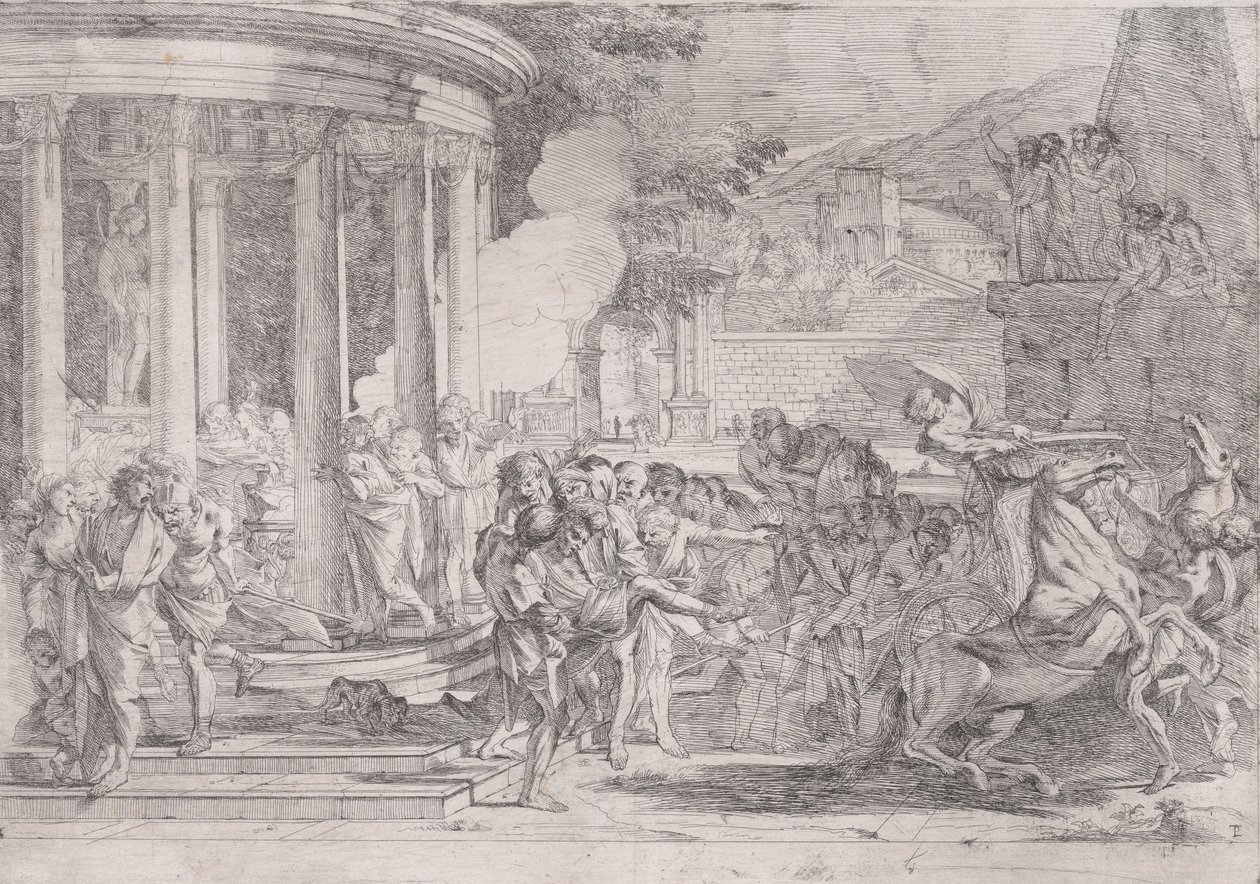 Sinorix kuljetettiin Artemiksen temppelistä yrittäessään paeta myrkyn vaikutuksia..., n. 1640. tekijältä Pietro Testa