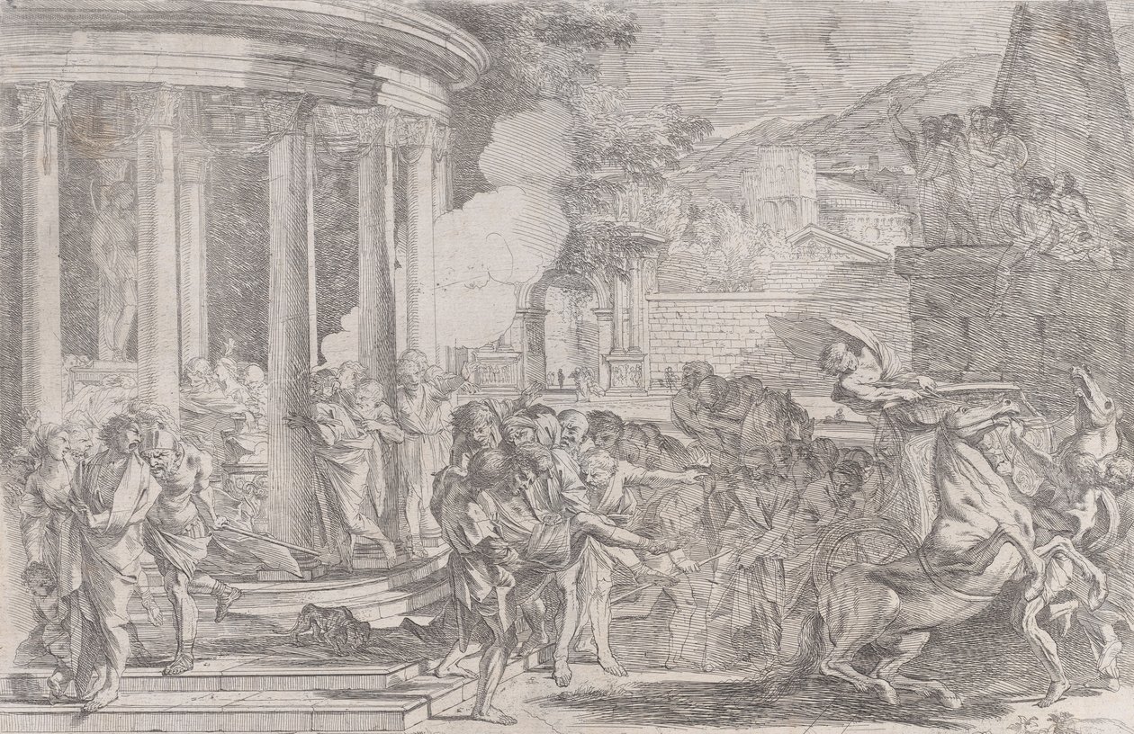Sinorix kuljetettiin Artemiksen temppelistä yrittäessään paeta myrkyn vaikutuksia..., n. 1640. tekijältä Pietro Testa