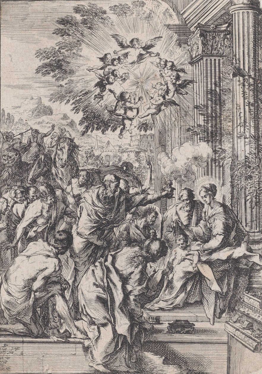 The Adoration of the Magi, sijoittuva ennen arkkitehtonista pylväikköä, n. 1640. tekijältä Pietro Testa
