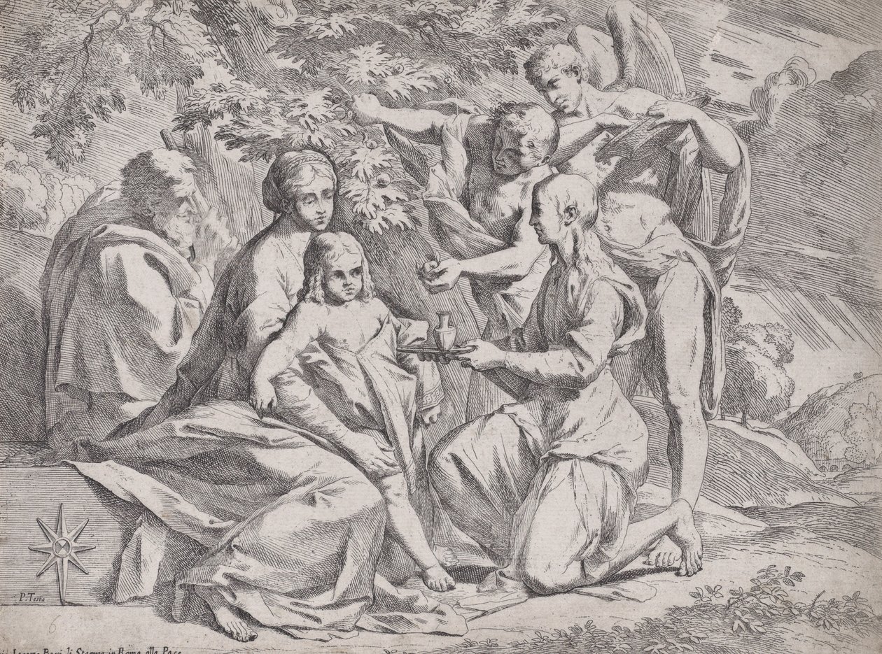 Pyhä perhe, johon osallistui Enkelit, n. 1642-44. tekijältä Pietro Testa