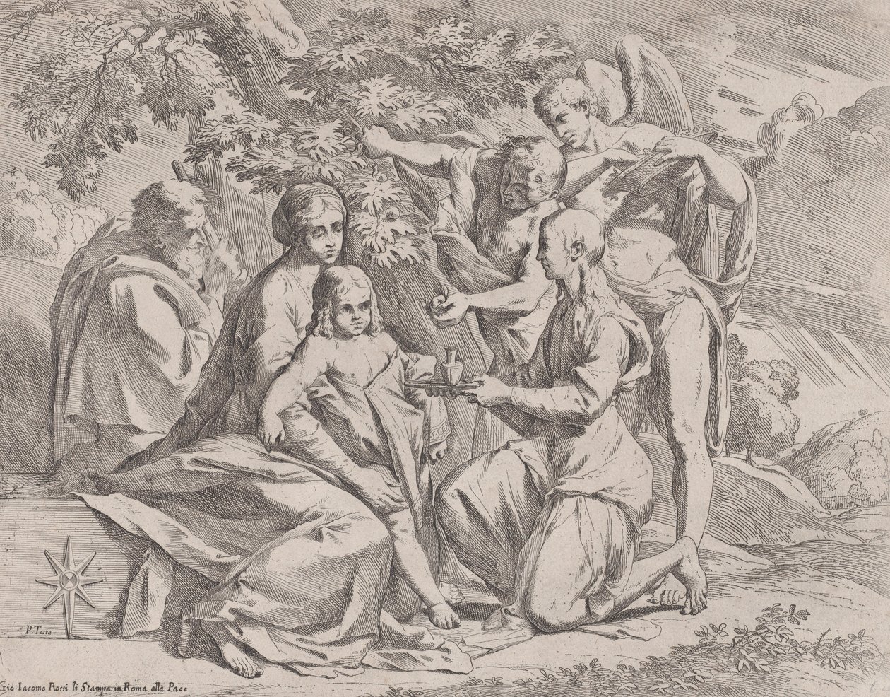Pyhä perhe, jota ruokkivat enkelit, n. 1642-44. tekijältä Pietro Testa