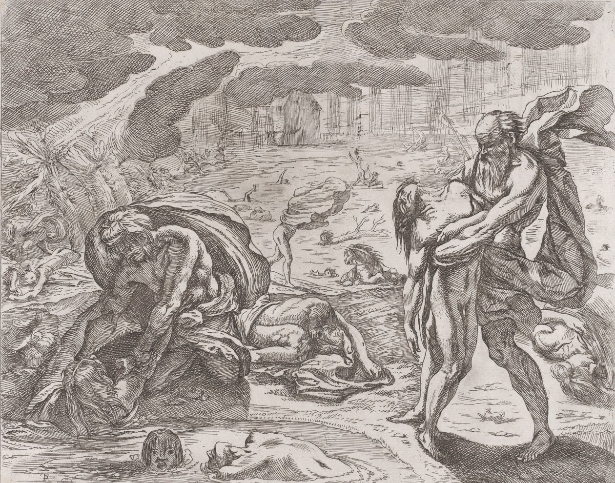 Vedenpaisumus, hahmoja vedetään vedestä, n. 1640-42. tekijältä Pietro Testa