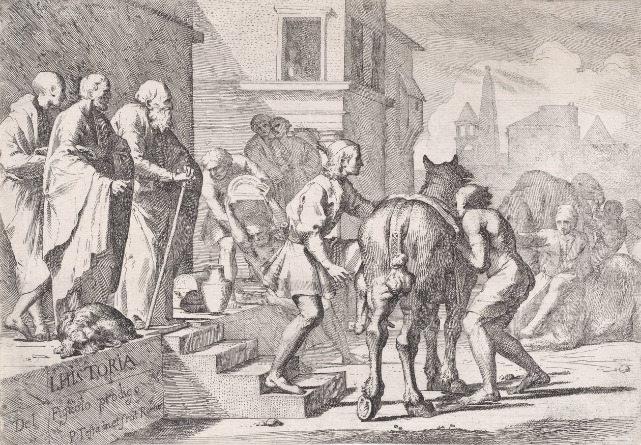 Tuhlaajapojan poistuminen hevosen selkään nousemassa neljän..., noin. 1645. tekijältä Pietro Testa