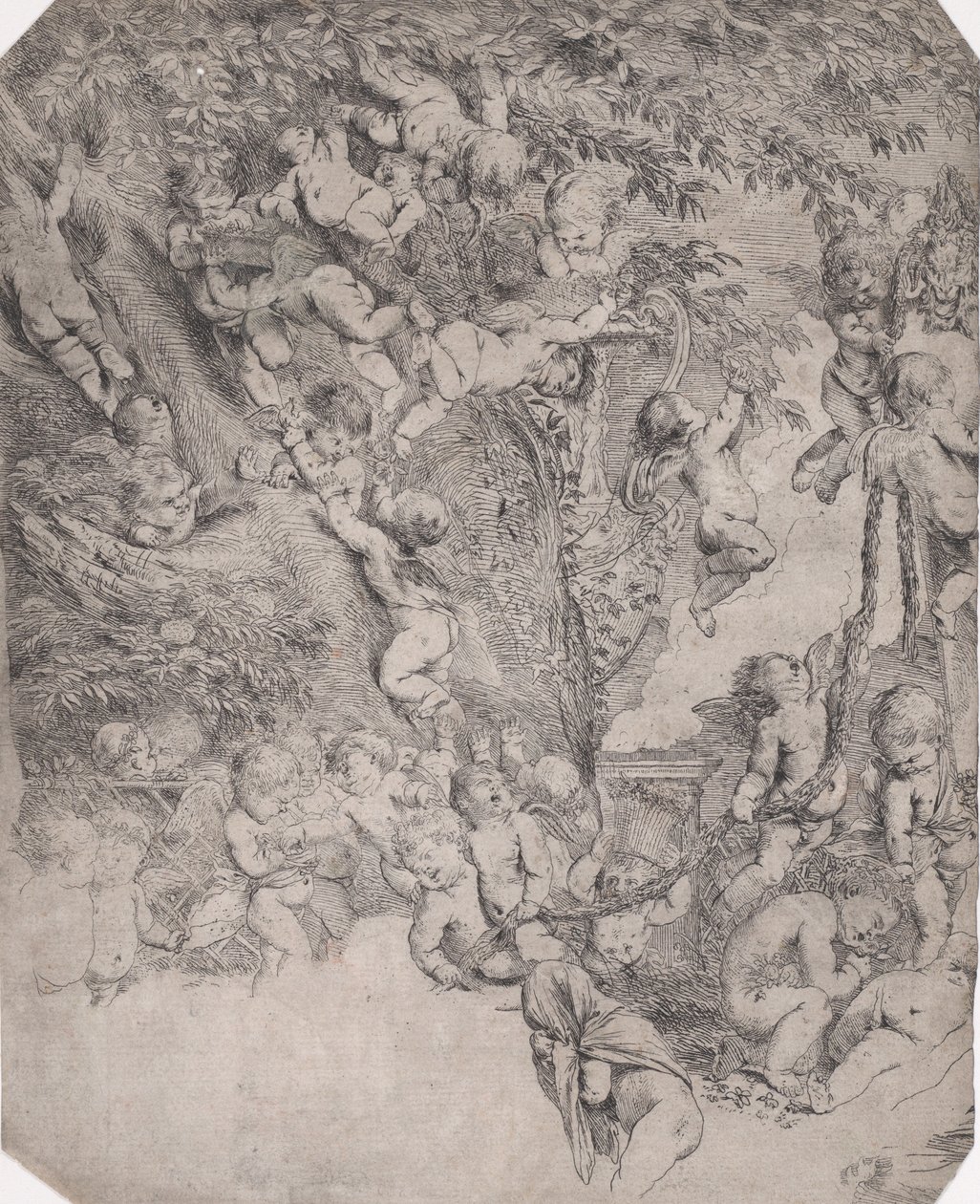 Venuksen puutarha, todiste vasemmasta yläkulmasta, n. 1631-37. tekijältä Pietro Testa