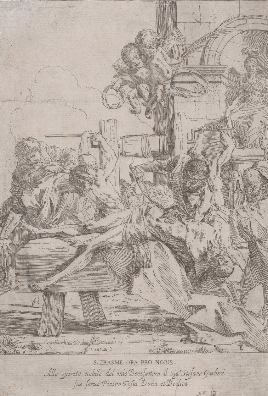 Pyhän Erasmuksen marttyyrikuolema, joka on makaamassa, kun sisälmykset on poistettu, kaksi puttia..., n. 1630. tekijältä Pietro Testa