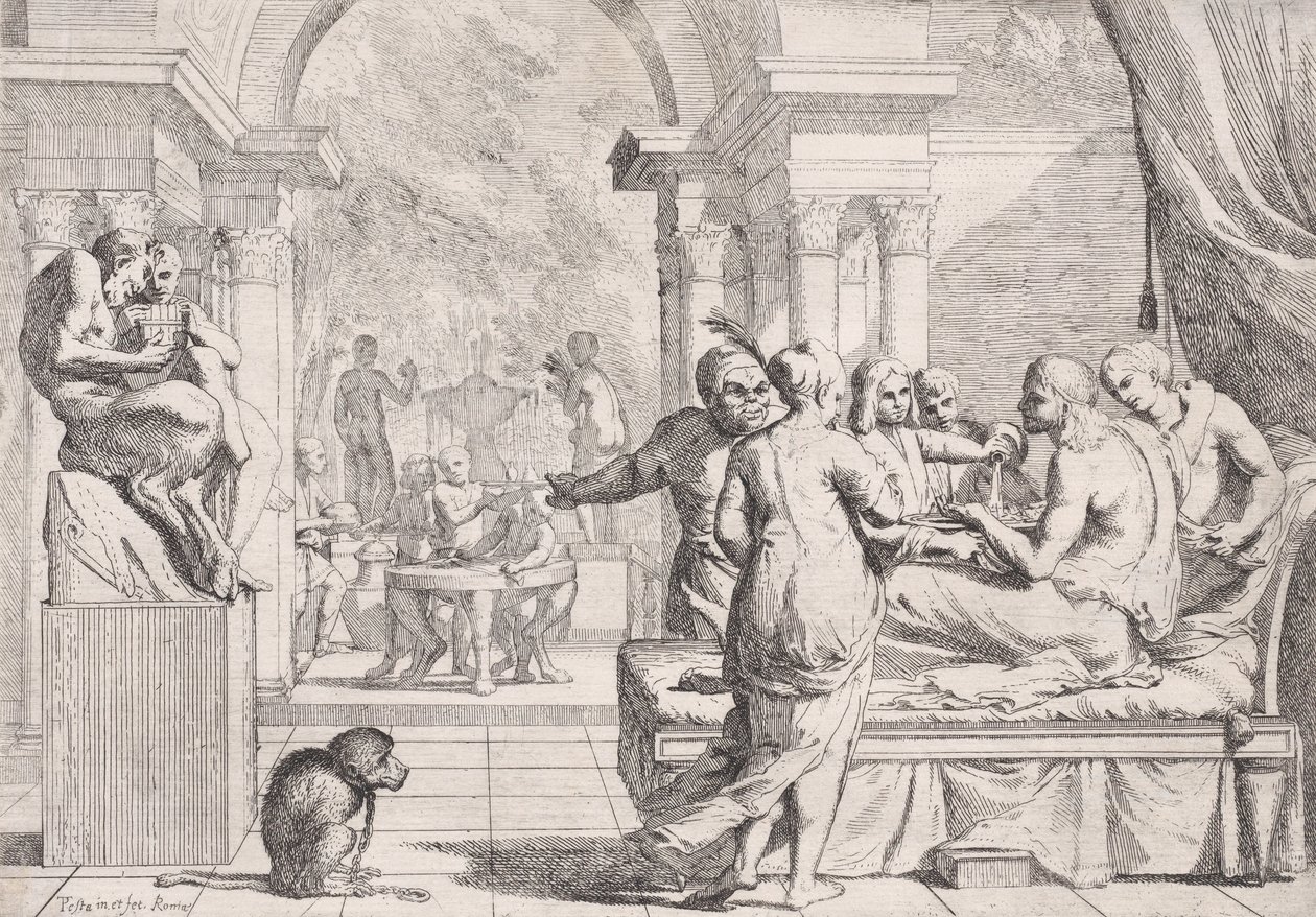 Tuhlaajapoika istuu sohvalla ja hänelle tarjoillaan viiniä, taustalla juhlijat, kuu..., n. 1645. tekijältä Pietro Testa