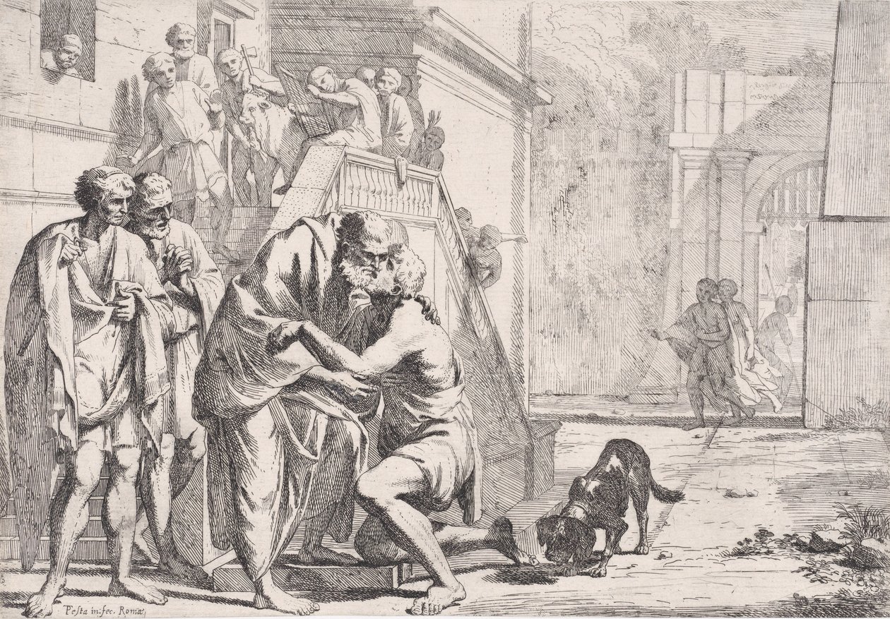 Tuhlaajapojan paluu, isä syleilemässä poikaansa sarjasta,..., n. 1645. tekijältä Pietro Testa