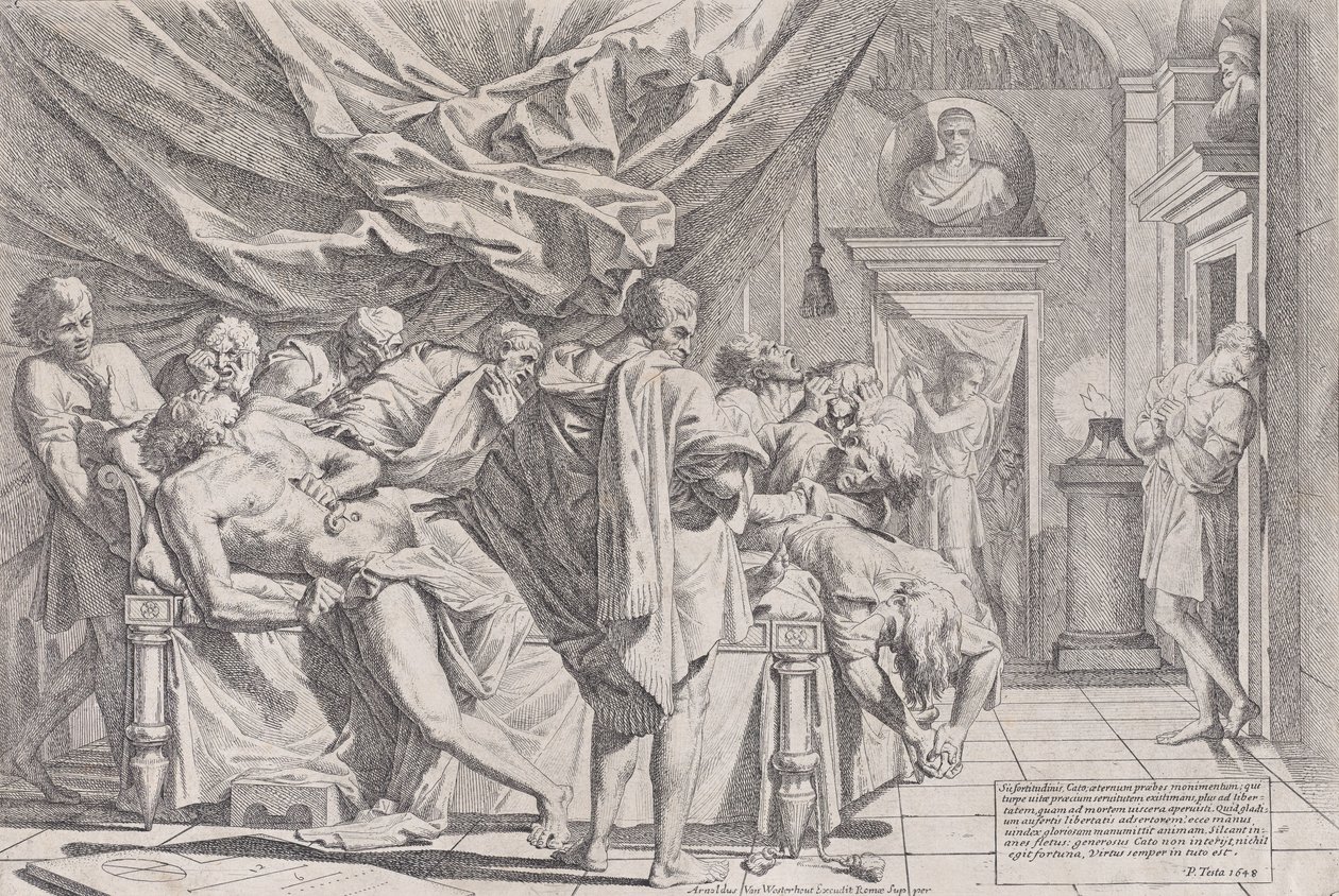 Filosofi Caton itsemurha, joka makaa sängyllään ja veti sisäpuolia ulos, katsoi b..., 1648. tekijältä Pietro Testa