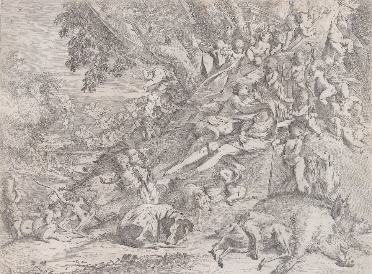 Venus ja Adonis, monien puttien ympäröimänä, metsästyksen jälkeen makuuasennossa kuolleen villisian kanssa..., 1631-37. tekijältä Pietro Testa