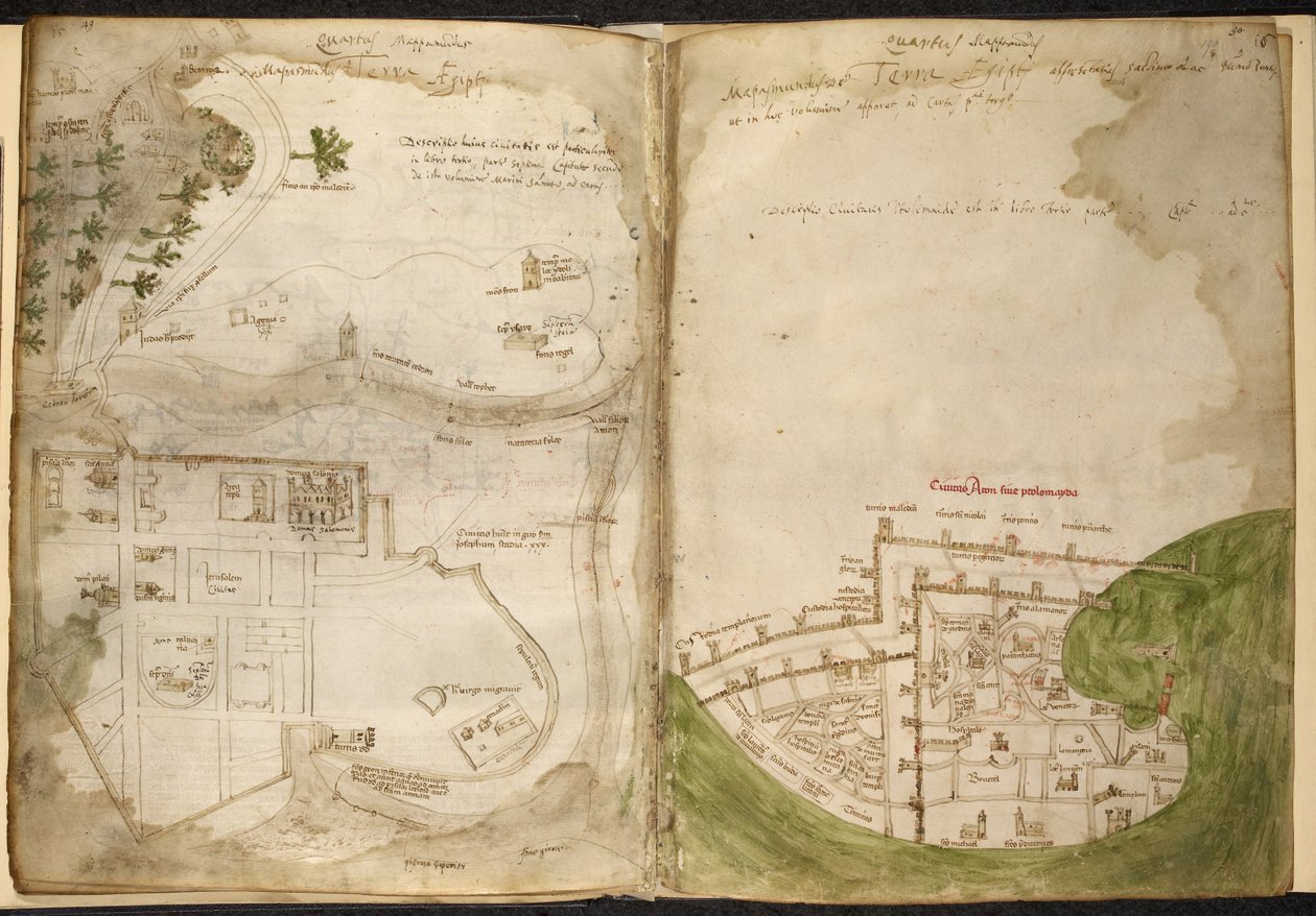 Jerusalemin ja Acren kartat, Marino Sanudo Torsello, "Ristin uskollisten salaisuuksien kirja", n. 1320-1325 (rungon väri pergamentilla) tekijältä Pietro Vesconte