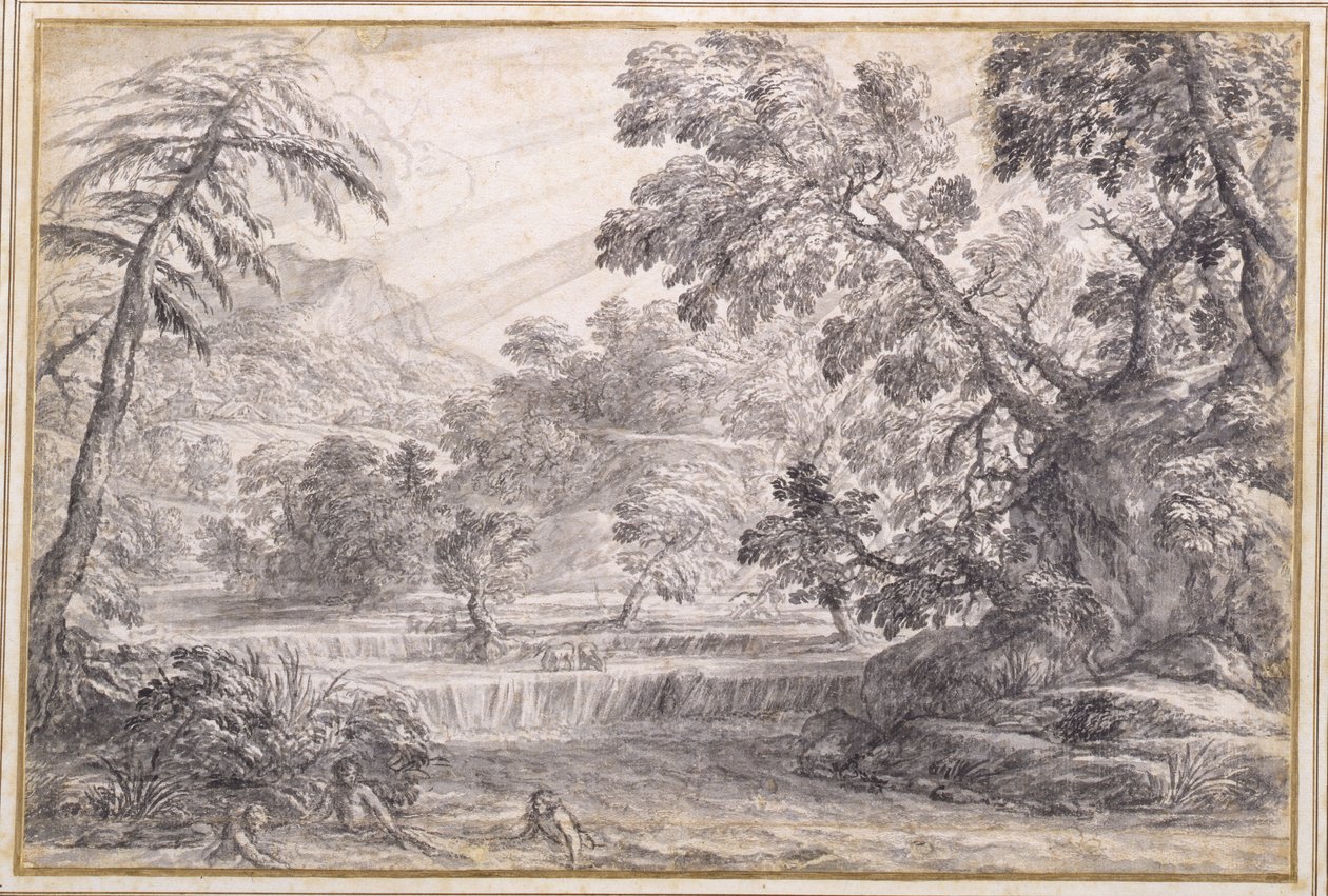 Metsäinen jokimaisema, n. 1650 (musta liitu, sivellin ja harmaa muste harmaalla pesulla paperilla) tekijältä Pietro da Cortona