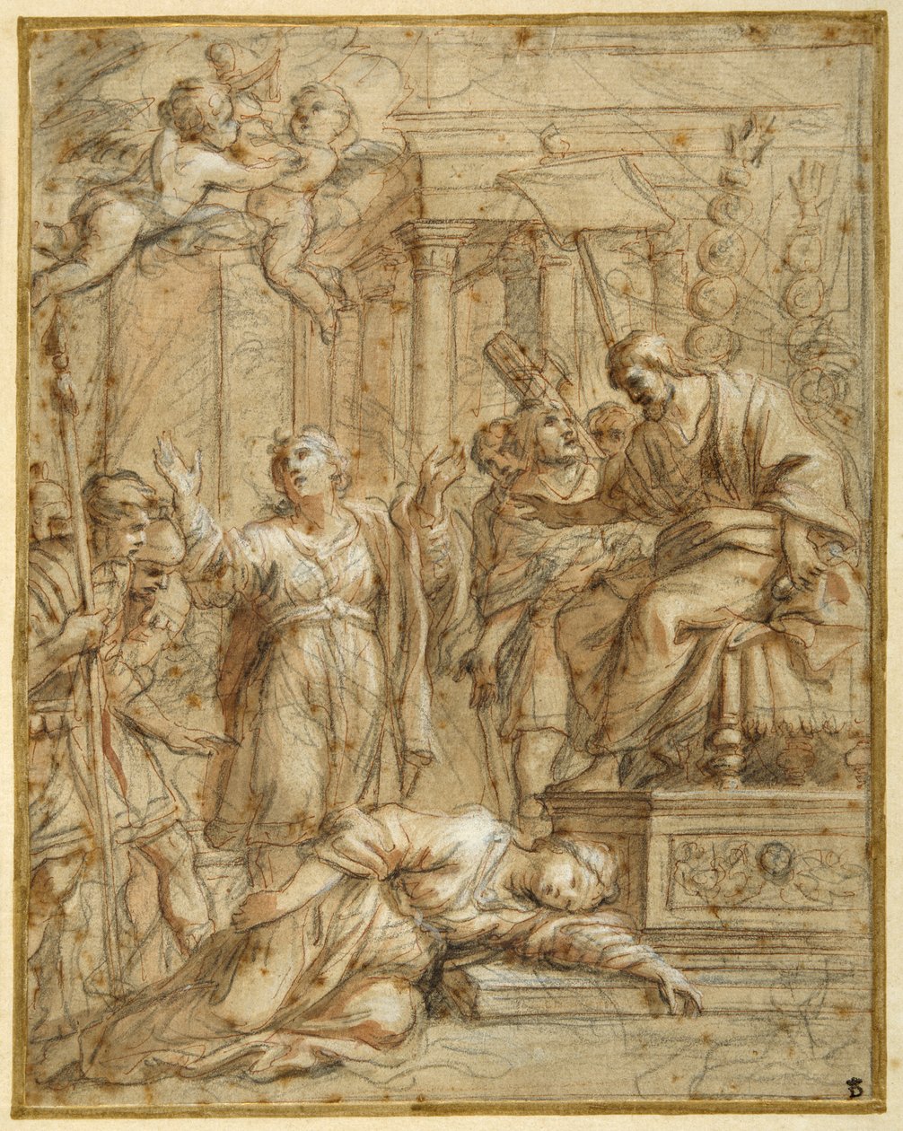 St. Bibiana makaa marttyyrina prefekti Apronianuksen edessä (musta liitu kynällä ja musteella ja pesu paperille) tekijältä Pietro da (1596 1669) Cortona