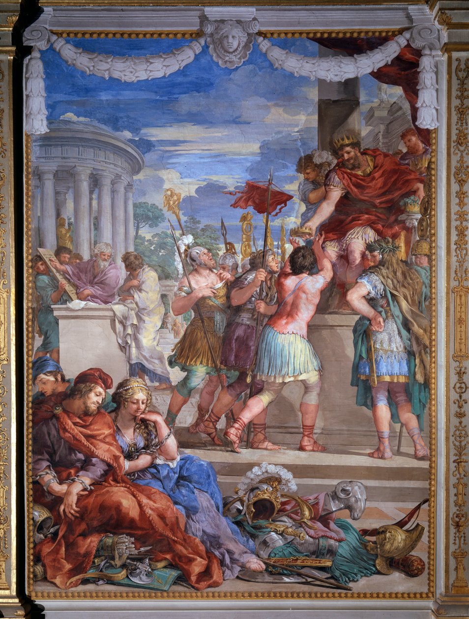 Allegoria neljästä aikakaudesta, Pietro da Cortonan (Cortonan kivi) (1596-1669) pronssiaikainen fresko 1637 Salle du Poele (Stanza della Stufa), Palatine Gallery, Palazzo Pitti, Firenze tekijältä Pietro da Cortona