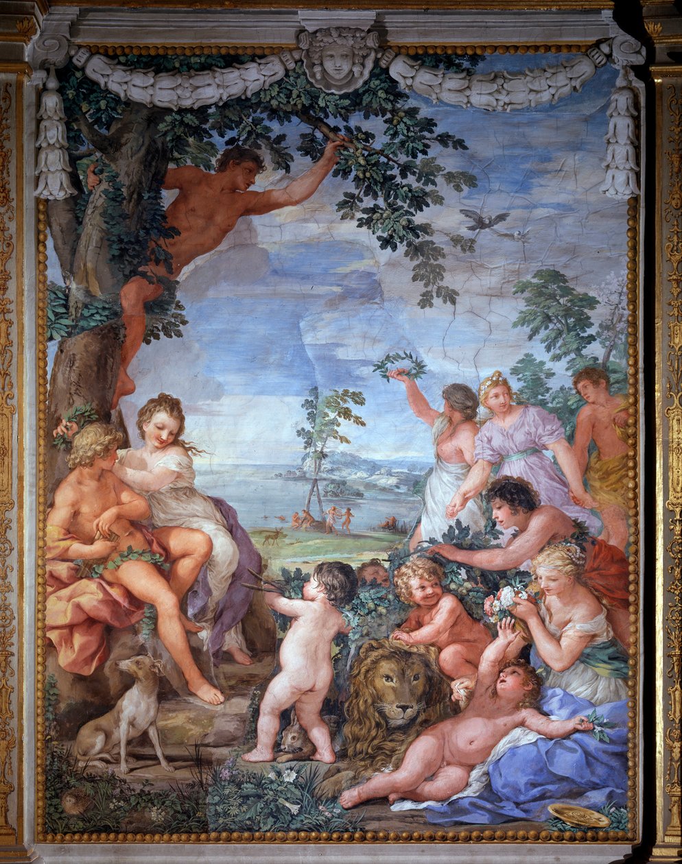 Allegoria neljästä aikakaudesta, kultainen aika Pietro da Cortonan (1596-1669) fresko 1637 Salle du Poele (Stanza della Stufa), Palatiinan galleria, Palazzo Pitti, Firenze tekijältä Pietro da Cortona