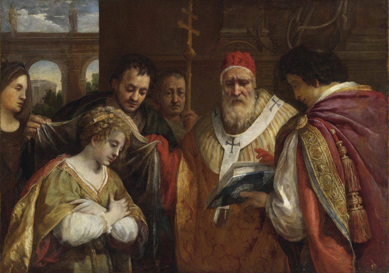 Flavia Domitilla (kuoli vuoden 95 jälkeen) vastaanottamassa verhon paavi Clement I:ltä - Saint Domitilla vastaanottamassa verhon paavi Klemens I:ltä kirjoittanut Cortona, Pietro da (1596-1669). Öljy kankaalle, koko: 123x172,7, , Yksityiskokoelma tekijältä Pietro da Cortona