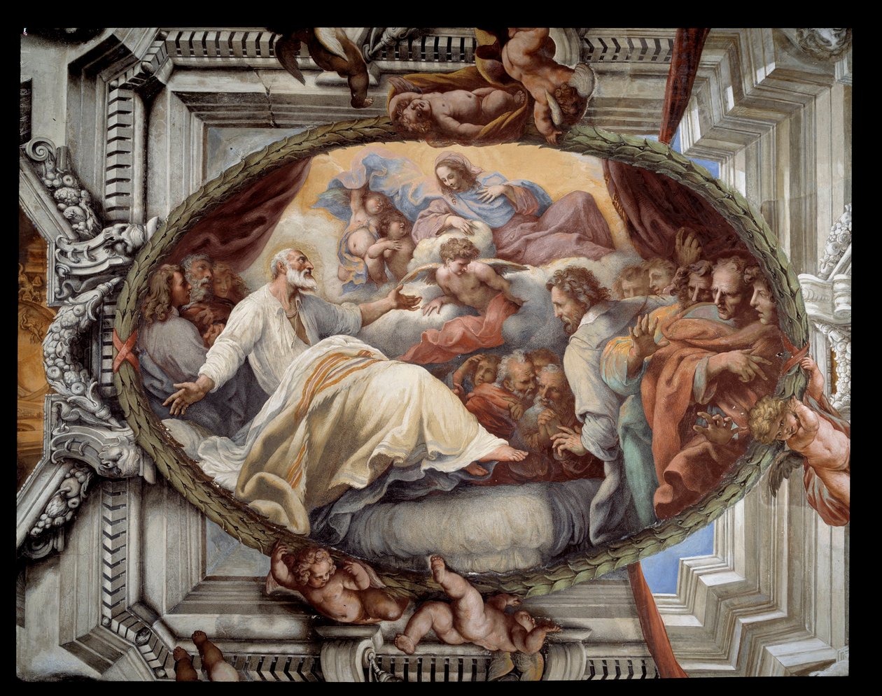 Pyhän Filippuksen toipuminen seurakunnan neitsytfreskon ilmestymisen jälkeen Pietro da Cortona (Cortonan Pietari) (1596-1669) 1652 Rooma, punainen huone Santa Marian kirkko Vallicellassa Italiassa tekijältä Pietro da Cortona