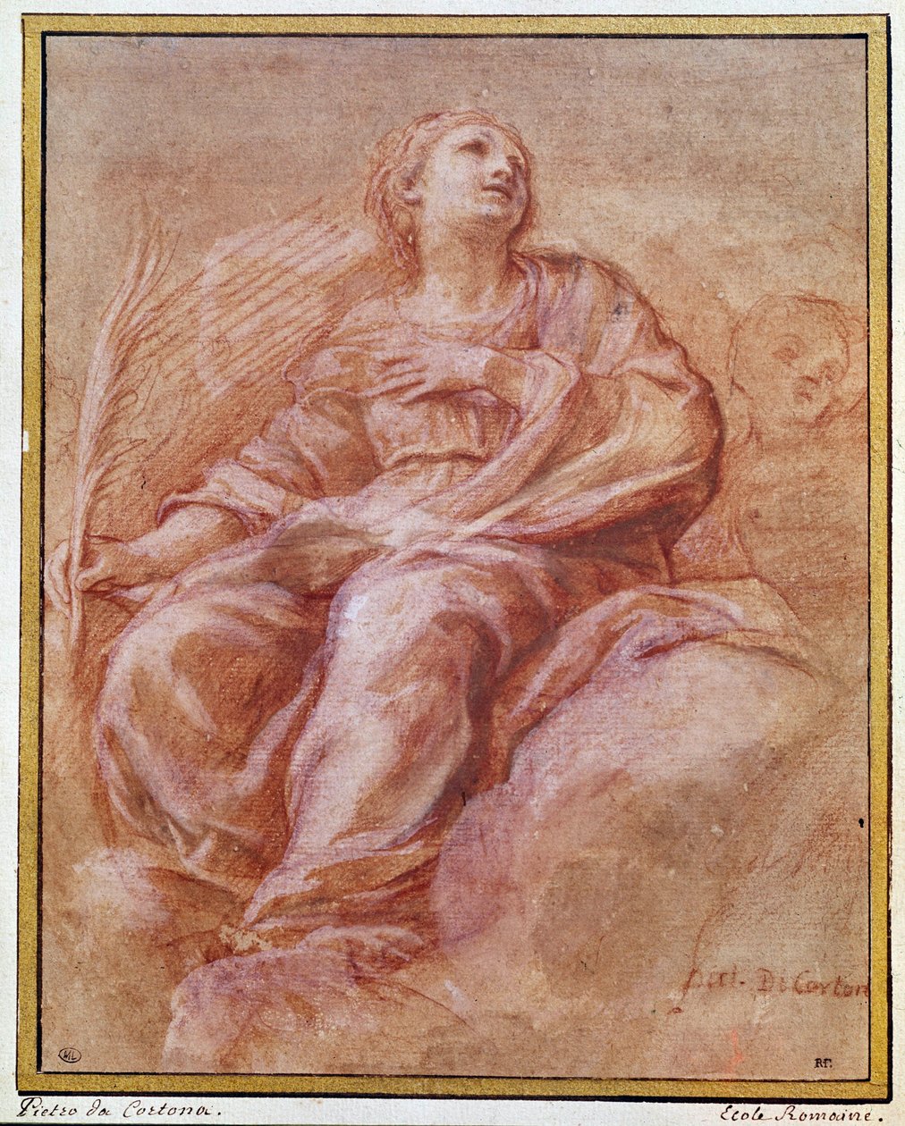 Edustus Pyhästä Firminesta istumassa pilvien päällä. Pietro Berrettinin lyijykynäpiirros, joka tunnetaan nimellä Pierre de Cortona tai Pietro da Cortona (1596-1669). 1647. Dim. 0,26x0,22 m. Pariisi, Louvre-museo, piirustustoimisto tekijältä Pietro da Cortona