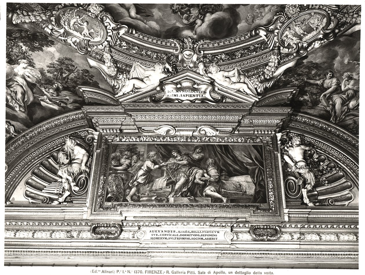 "Sala di Apollo" (Apollon sali) kattokoriste, joka kuvaa Aleksanteria lukemassa Homerosta (fresko) (m/v kuva) tekijältä Pietro da Cortona